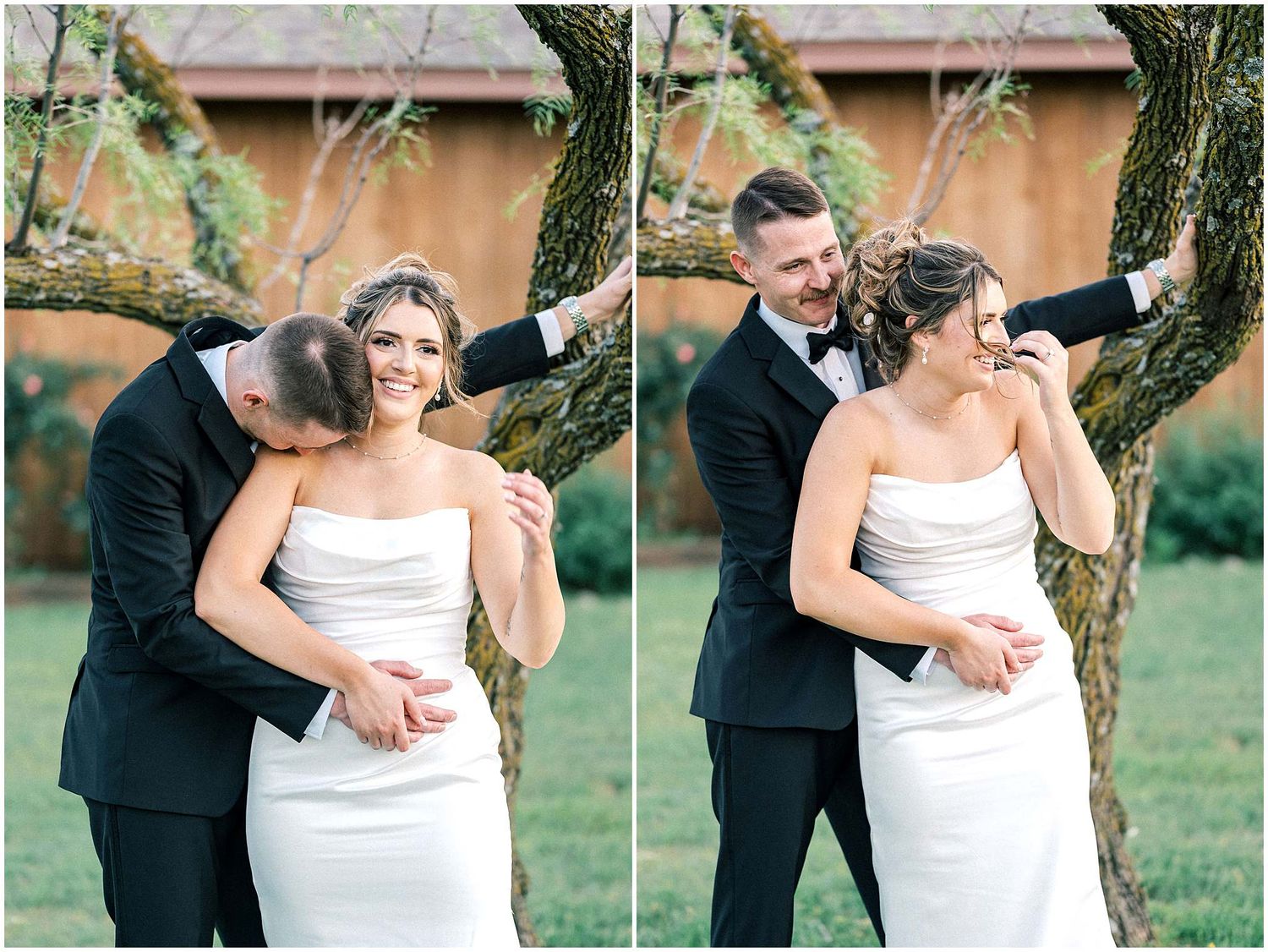 Wedding couple shares intimate moments near a tree in a series of romantic outdoor portraits.