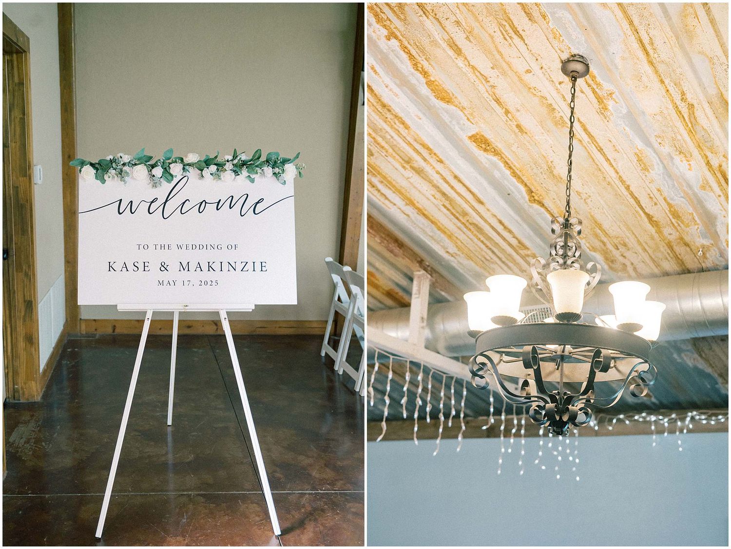 Wedding venue interior with wooden ceiling beams and decorative chandeliers.