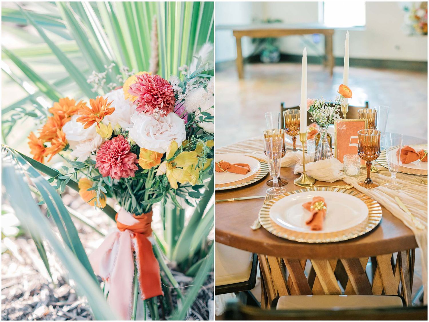 Tropical-inspired wedding reception decor with palm leaves and coral flower arrangements.
