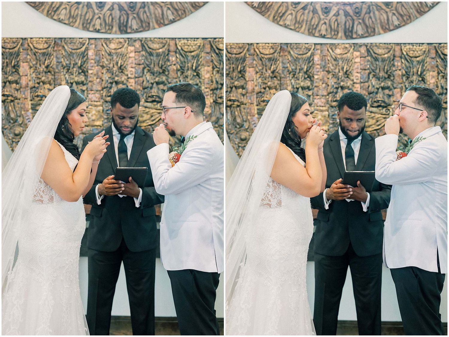 Wedding ceremony sequence showing ring exchange between couple with officiant.