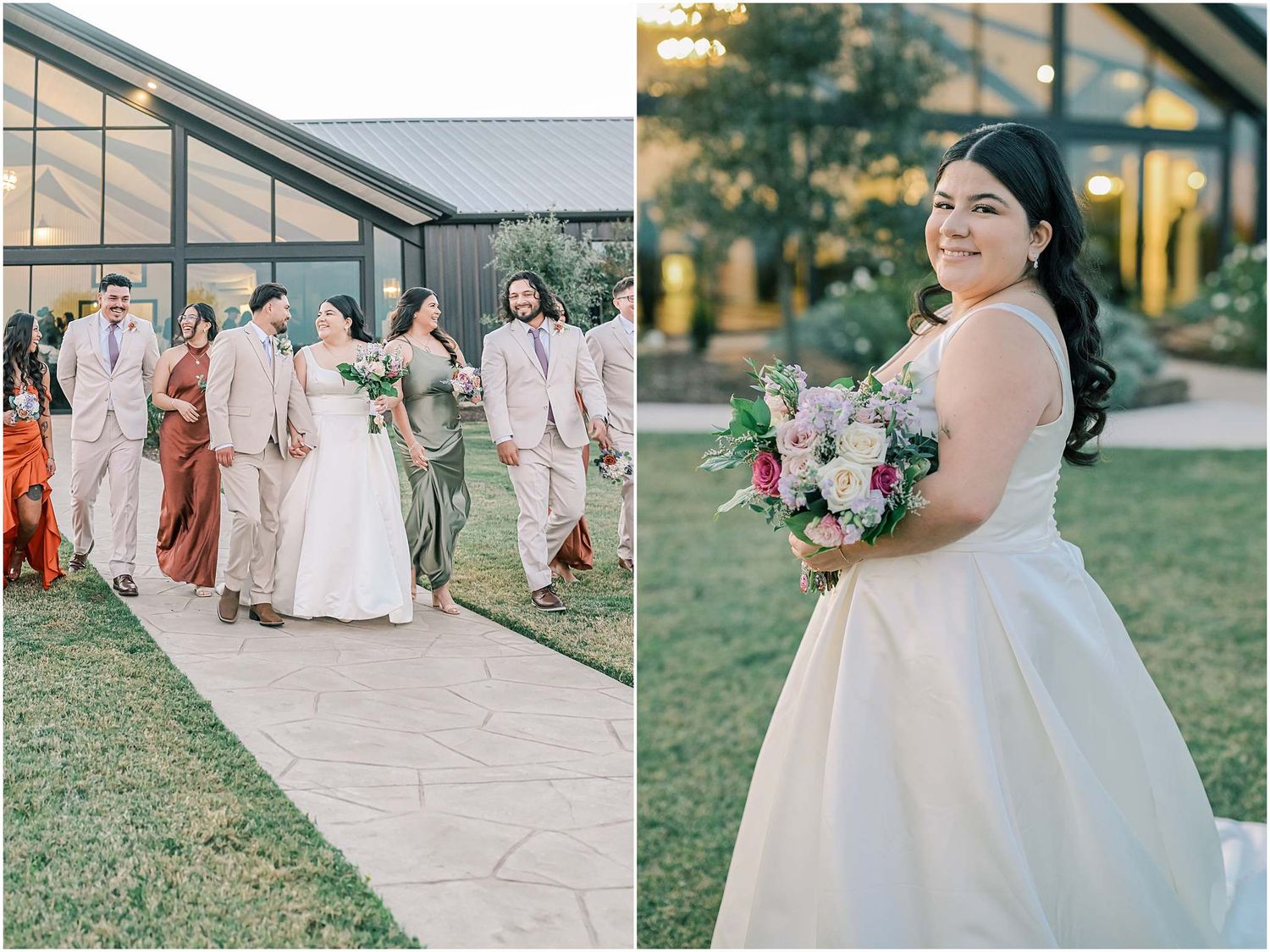 Wedding party poses in front of modern glass building with white and rust colored dresses.
