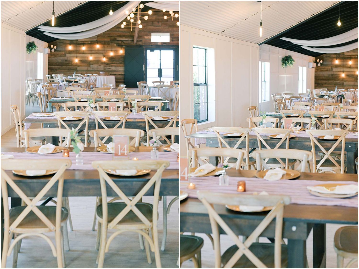 Modern reception venue setup with rustic wooden tables and cross-back chairs under string lights.
