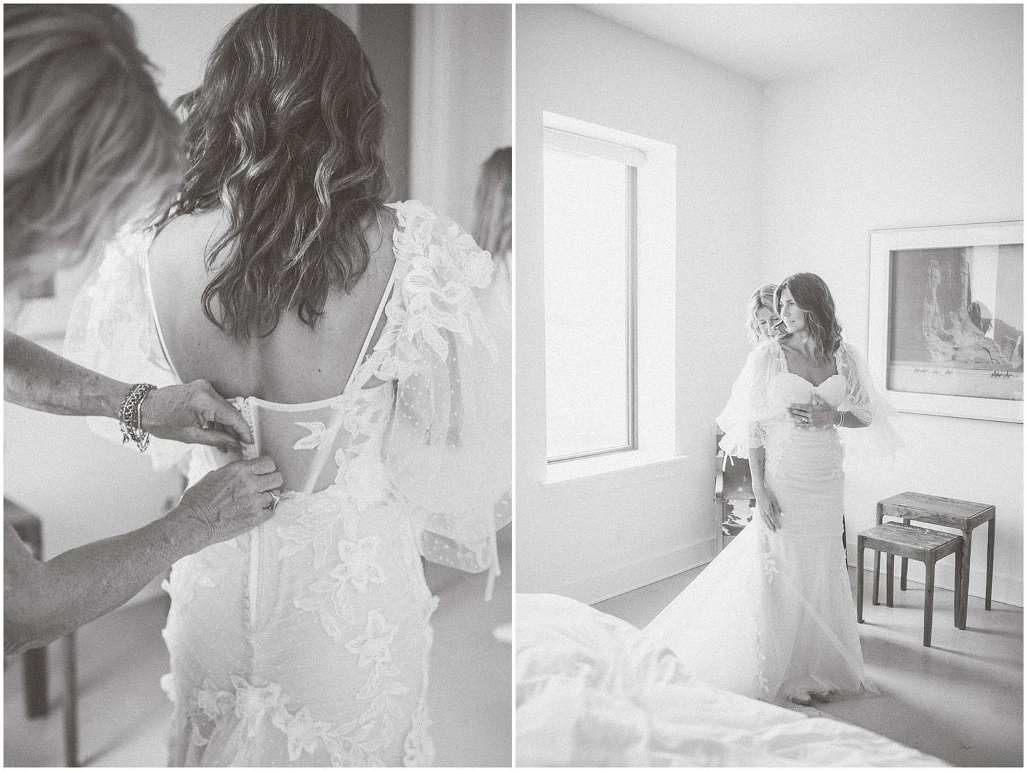 Ethereal getting ready moments captured in black and white as a bride prepares for her wedding day.