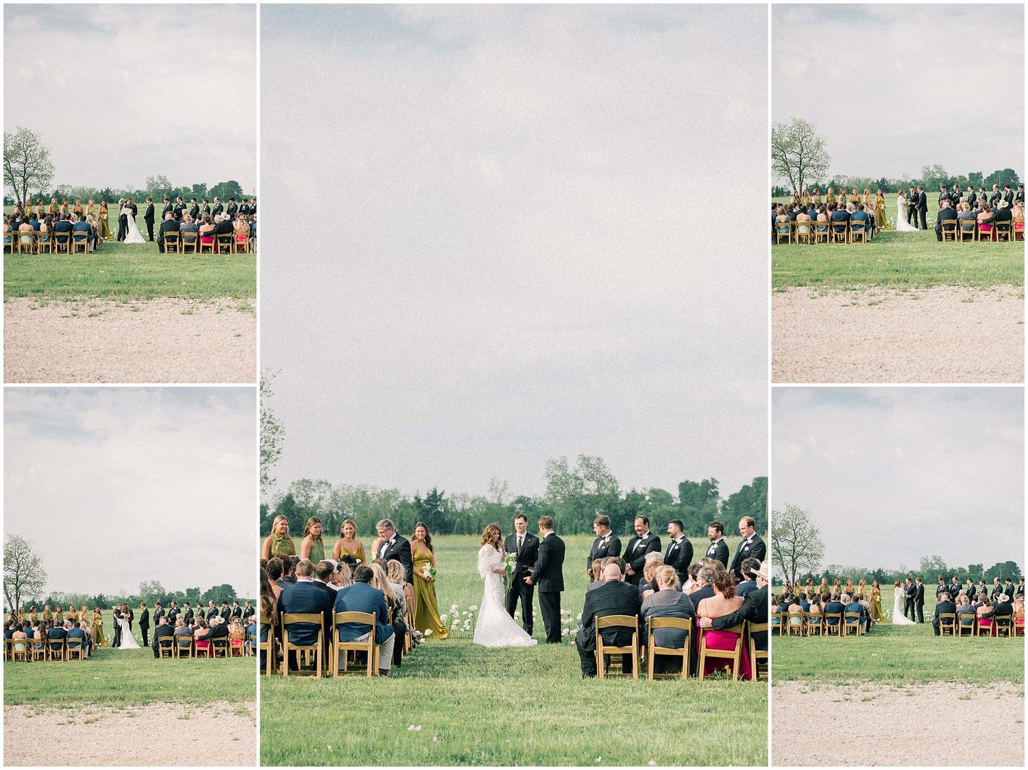 Collage of outdoor wedding ceremony photos showing guests seated and ceremony in progress.