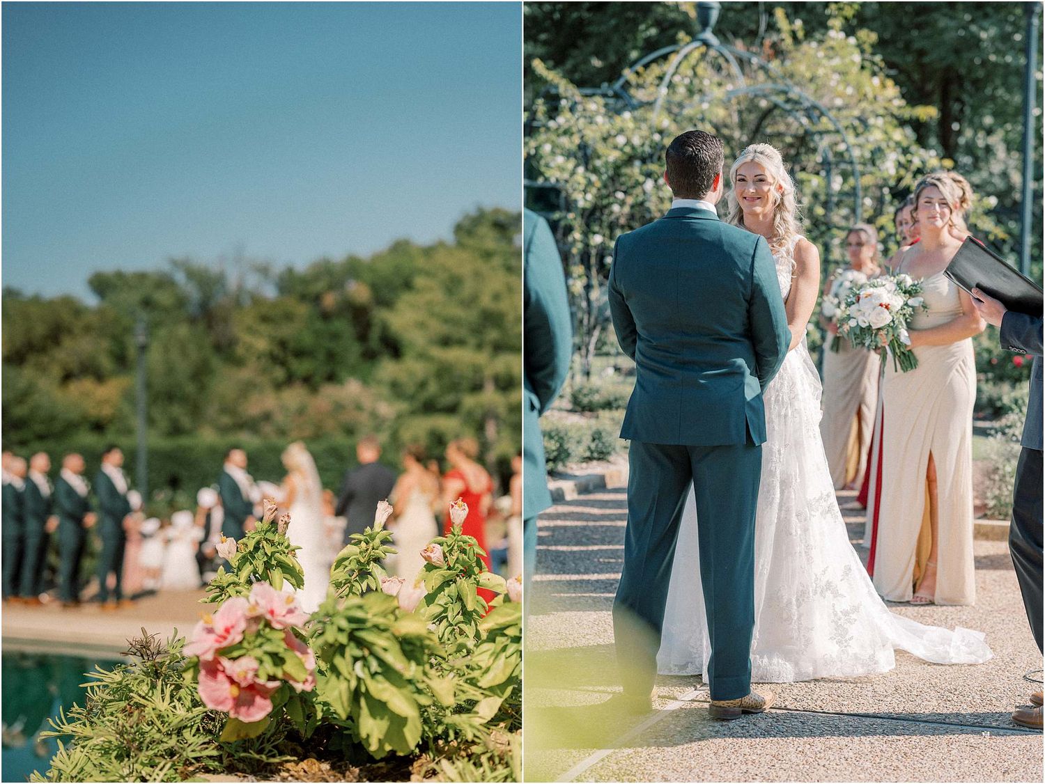Garden wedding ceremony with floral decorations and guests gathered by the water.
