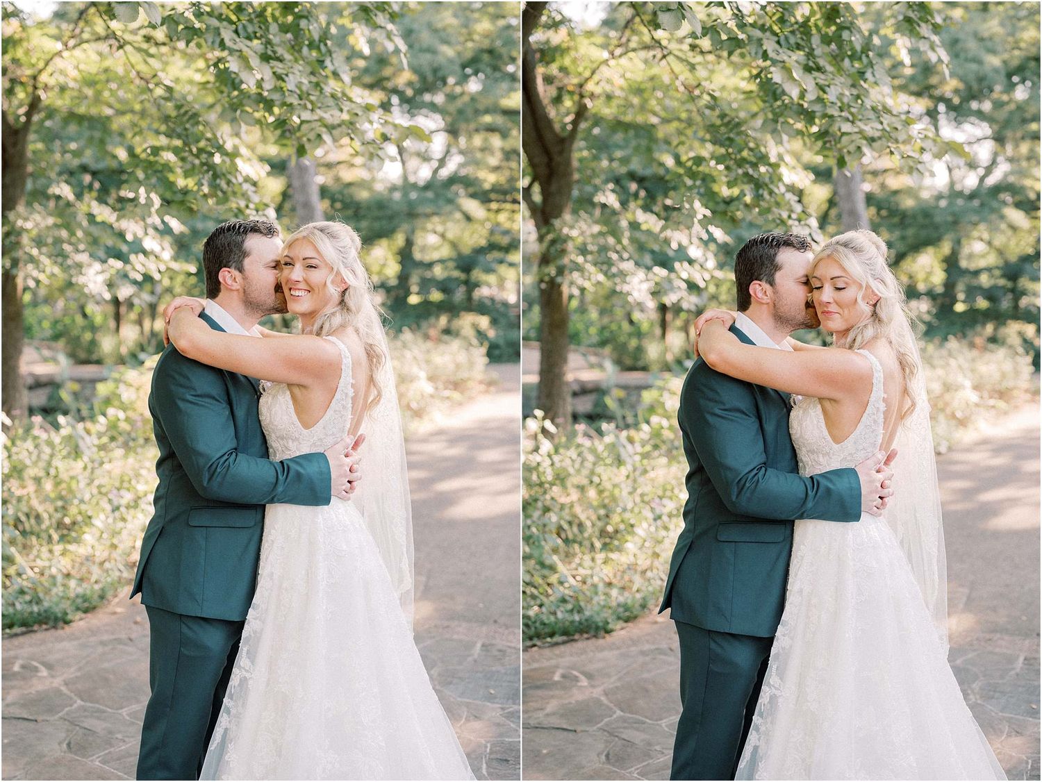 Joyful wedding embrace captured in a sunlit garden setting.
