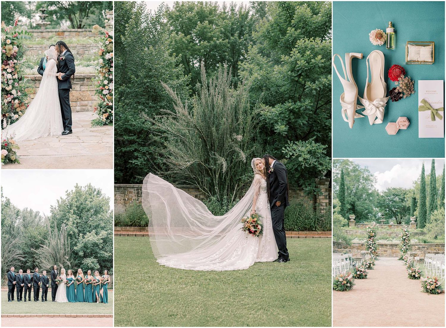 Elegant wedding collage featuring bride and groom portraits, bridal party in teal gowns, cathedral veil, and garden ceremony venue.
