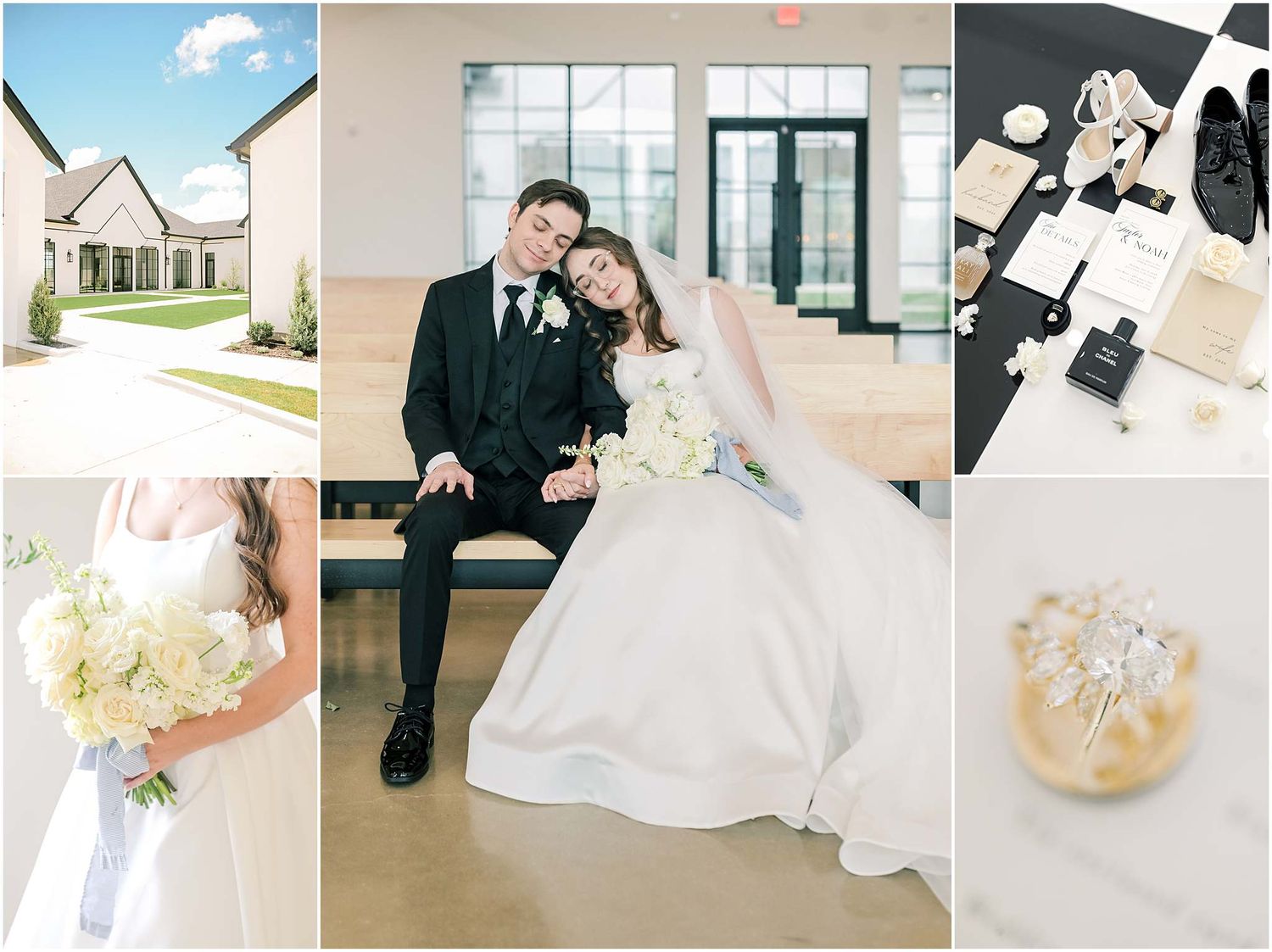 Elegant wedding collage featuring a couple posing indoors, bridal bouquet, venue exterior, flat lay details, and ring close-up.