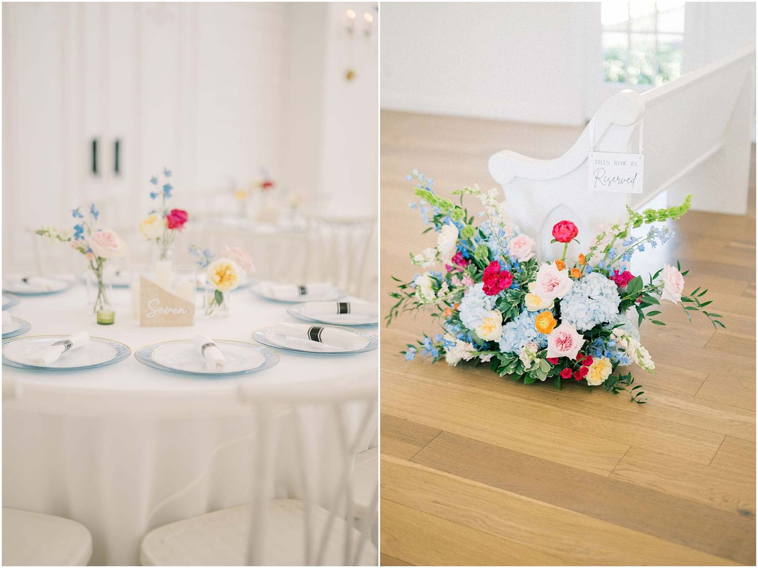 Elegant wedding reception table with white linens and colorful floral centerpieces beside a vibrant bouquet on wooden floor.