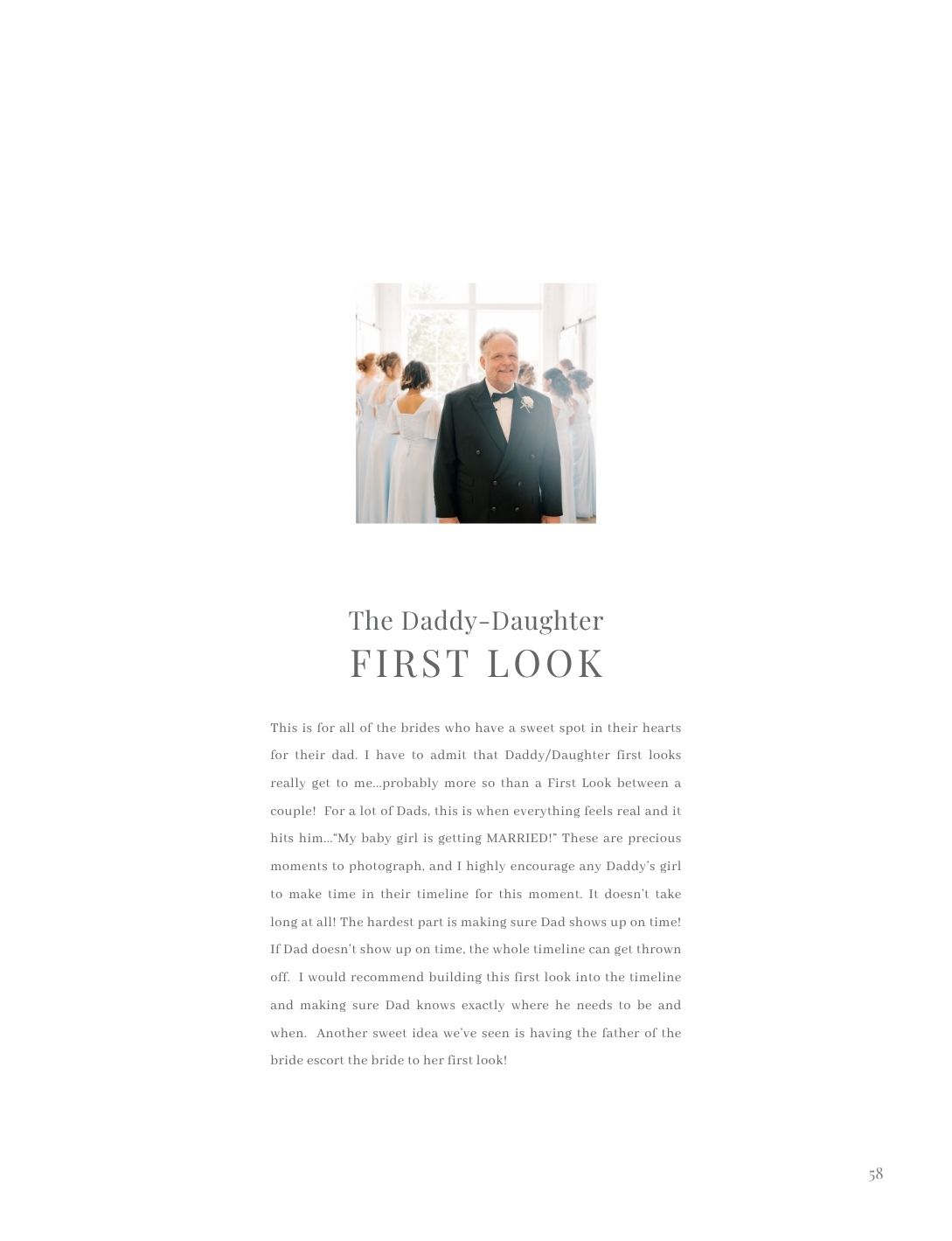 A bride shares a tender daddy-daughter first look moment with her father in a suit before her wedding ceremony.