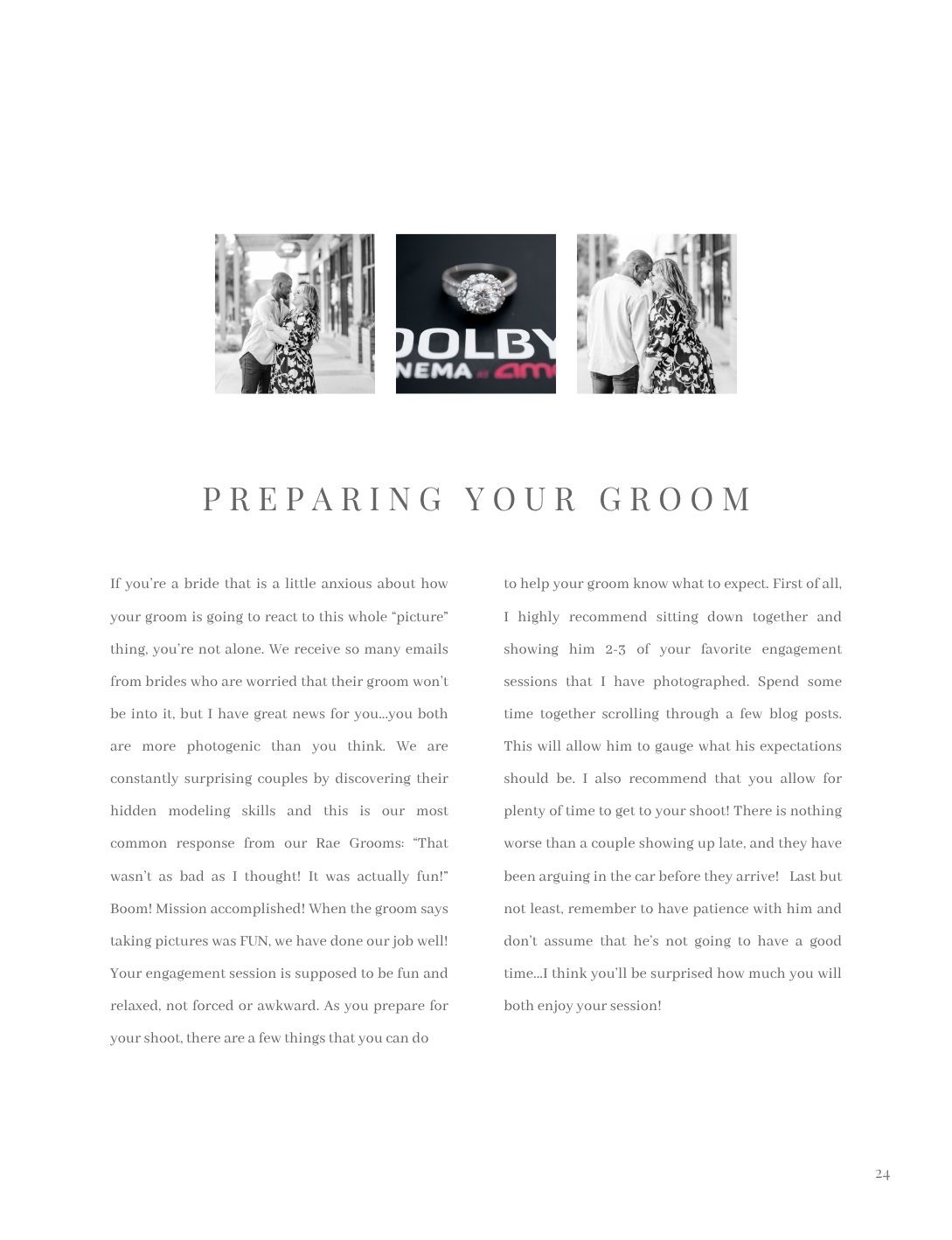A wedding photography guide page with tips for preparing the groom for his engagement session.