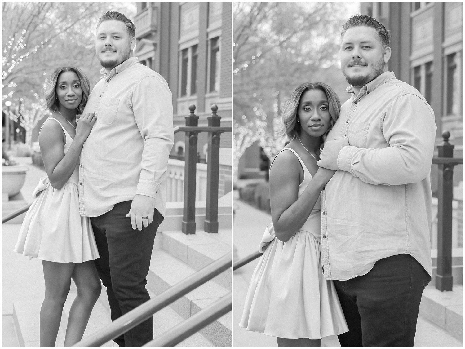 A couple smiles together on building steps, shown in black and white split photo composition.