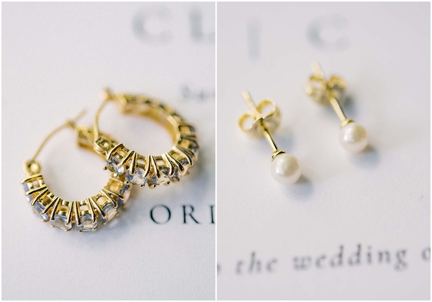 Delicate gold hoop earrings and pearl stud earrings displayed on a white surface with elegant text.