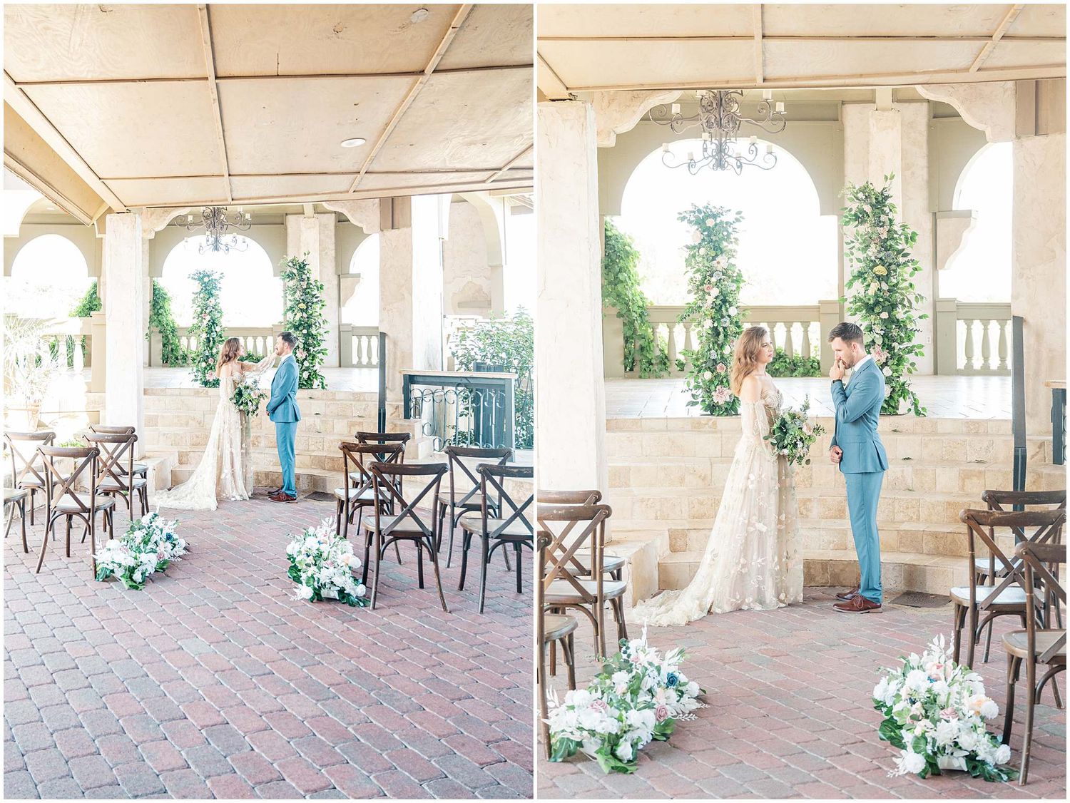 Elegant outdoor venue with white columns and greenery decorated for a special event.