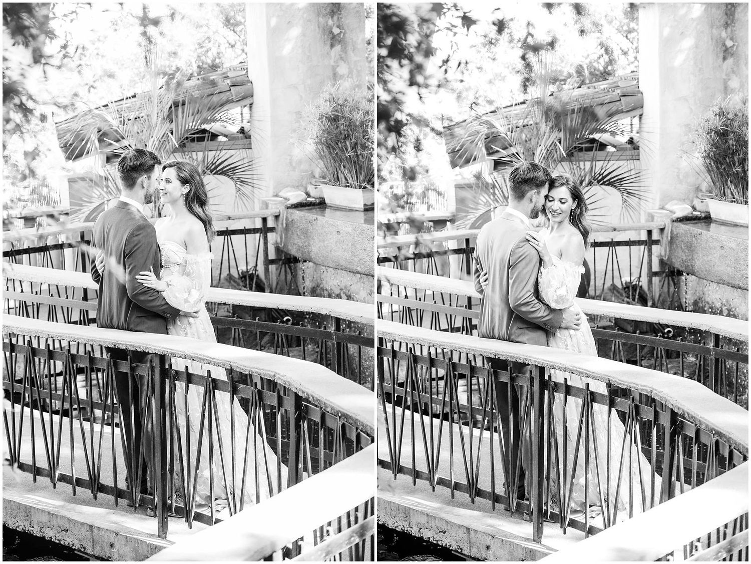 A romantic couple shares an intimate moment on a stone staircase in black and white.