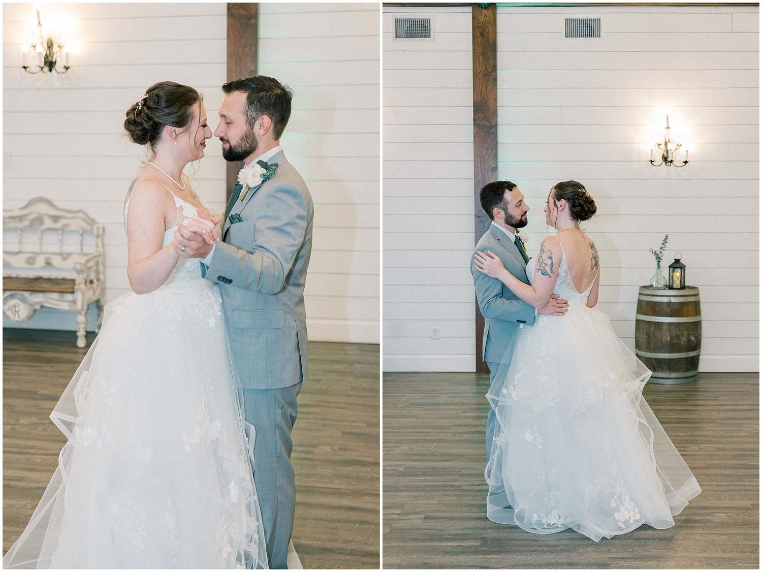 A romantic first dance at a rustic wedding venue with a light blue ballgown and grey suit.