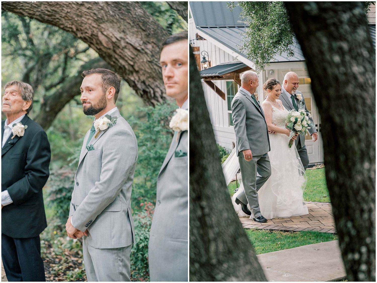 A series of wedding party photos taken outdoors showing joyful moments between couples and attendees in formal attire.