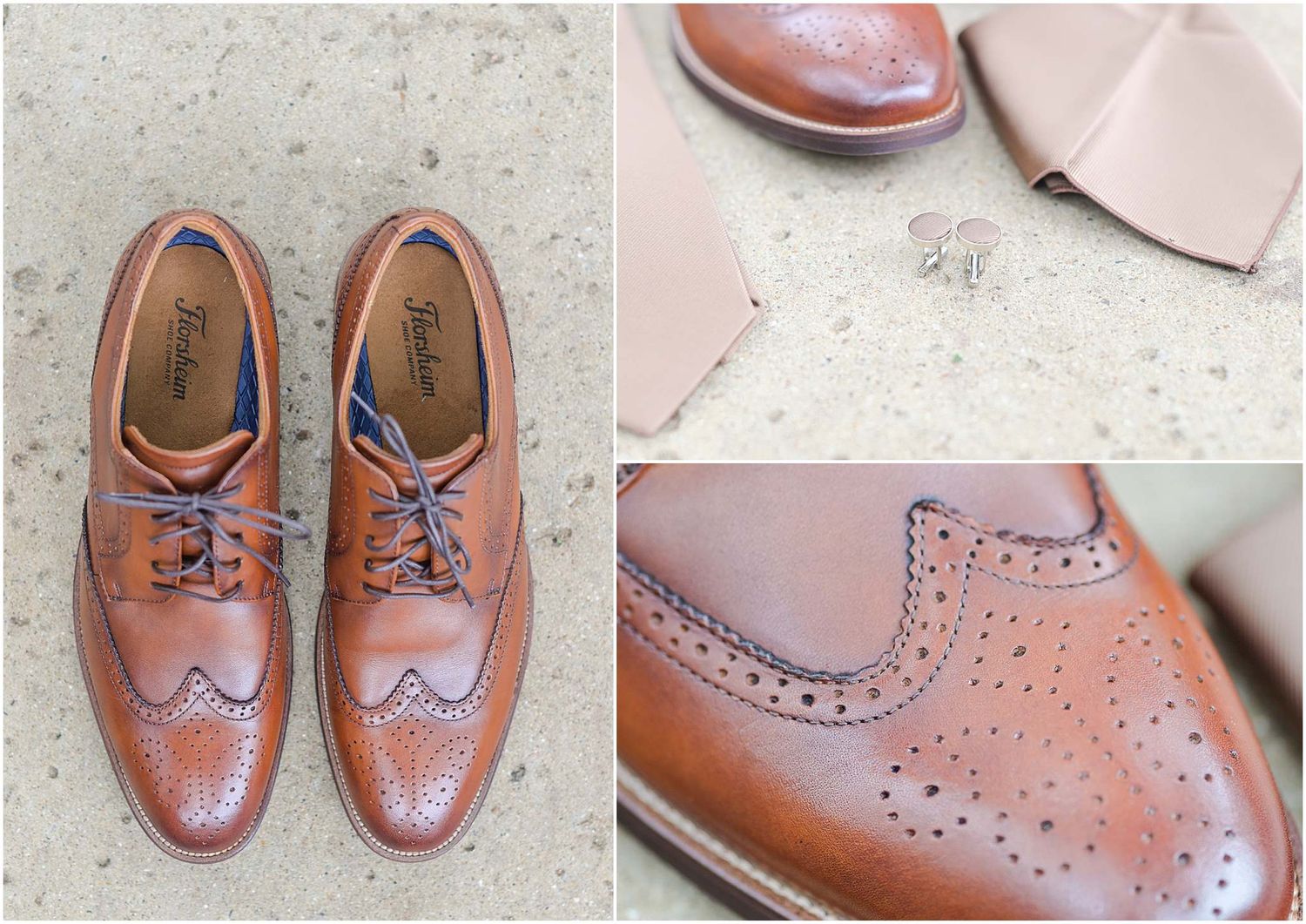 Brown leather wingtip brogue oxford dress shoes with gray laces displayed in a flat lay collage.