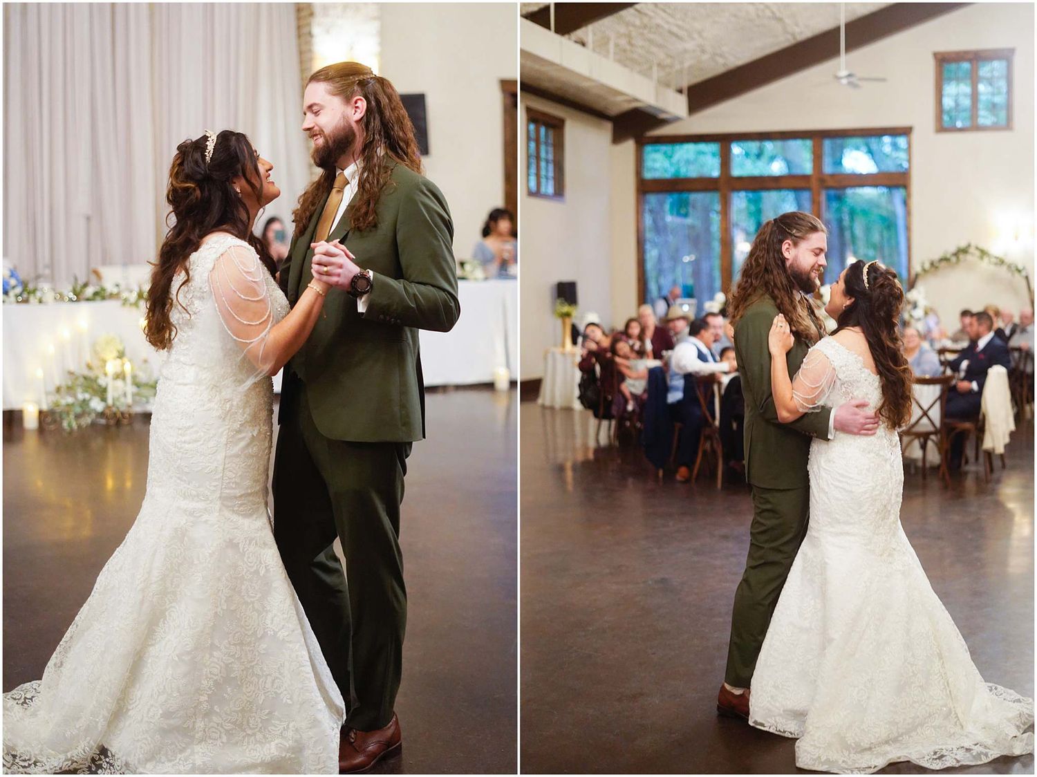 Bride in mermaid gown and groom in green suit sharing their first dance at an elegant wedding reception.