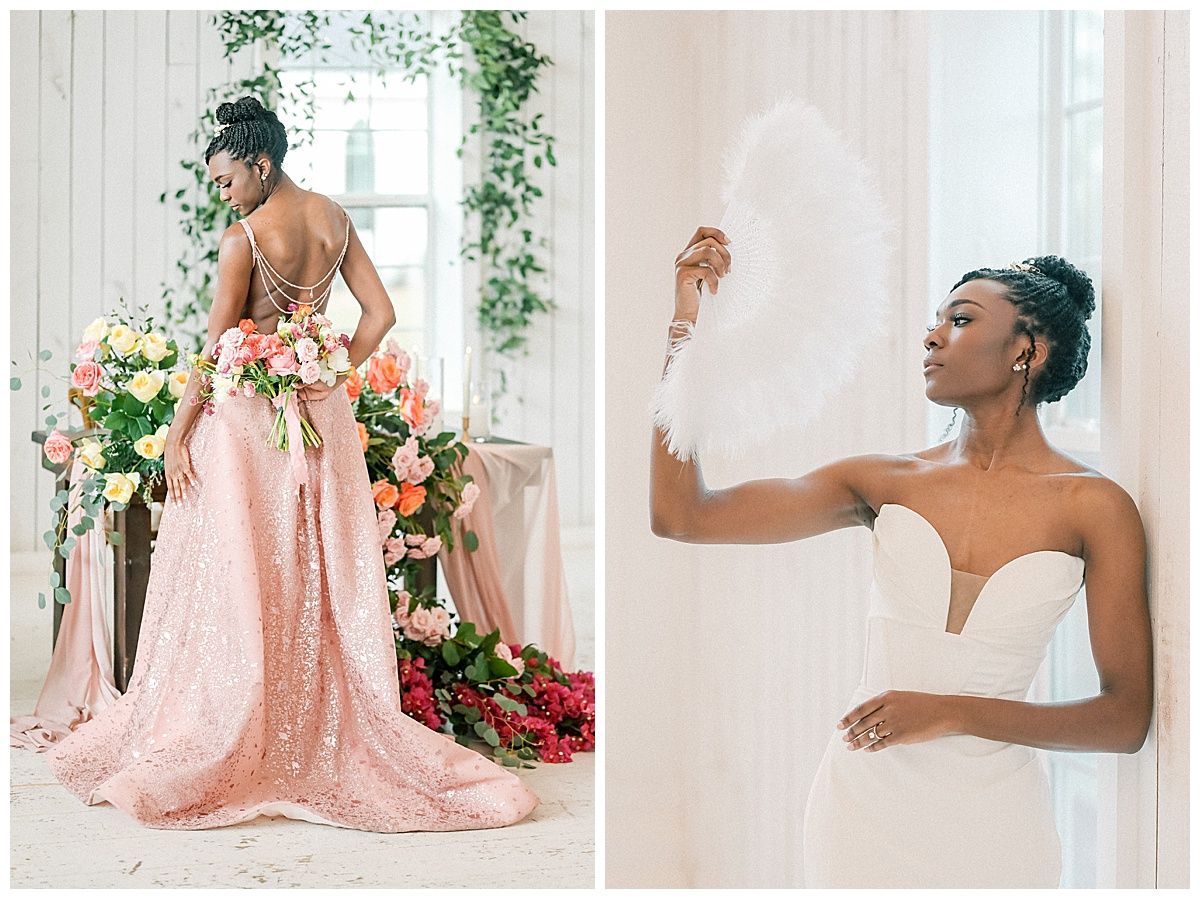 Elegant pink floral lace gown with flowing train showcased in a bright sunlit room with white decor and floral accents.
