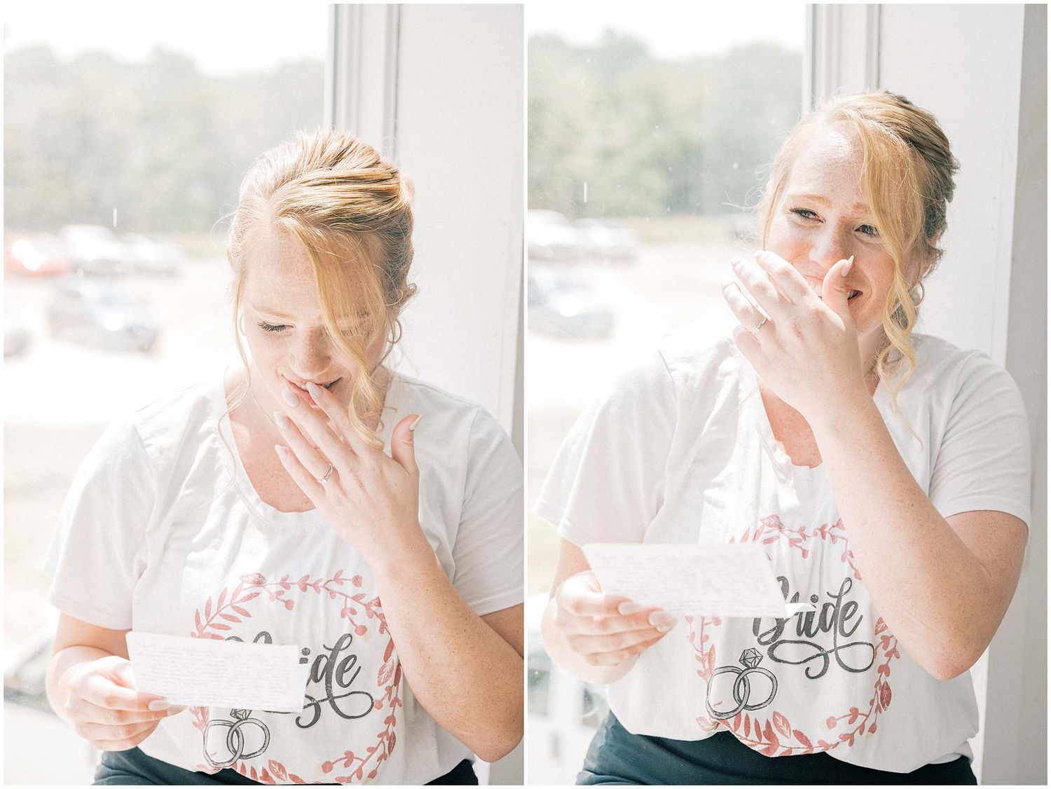 Series of emotional reactions showing surprise and joy in a white t-shirt against a light background.