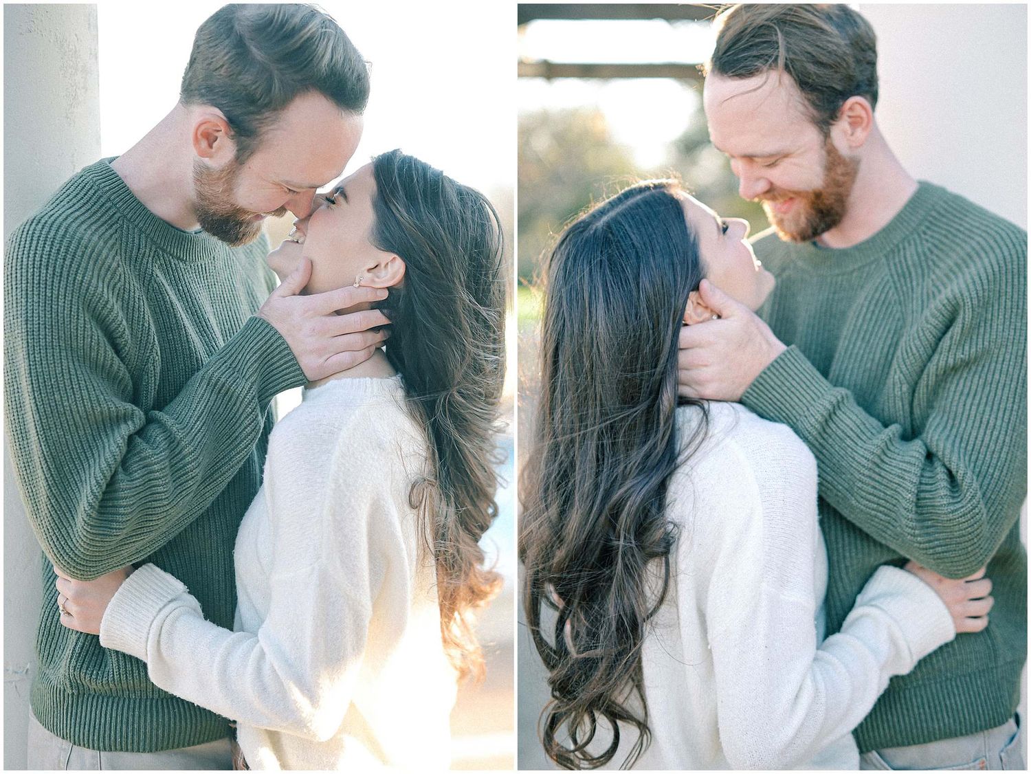Romantic couple in green sweater and white top share intimate moments in a progression of tender poses.