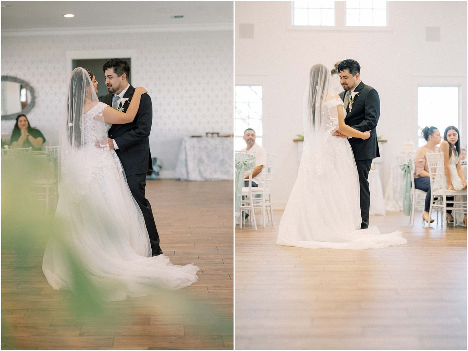 Elegant wedding dance sequence captured in bright indoor venue with natural light streaming through windows.