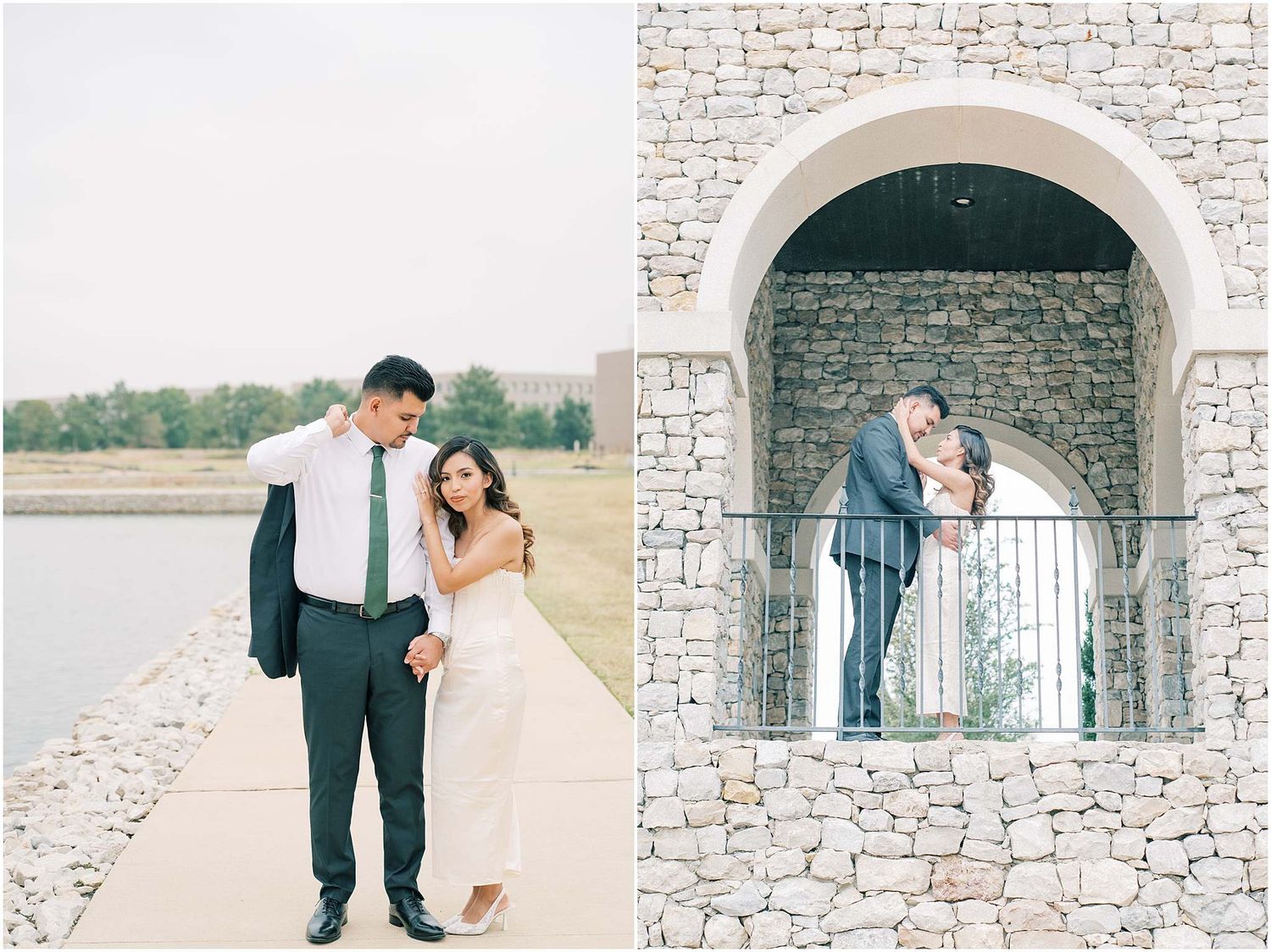 Wedding couple poses under rustic stone archways at an elegant outdoor venue.