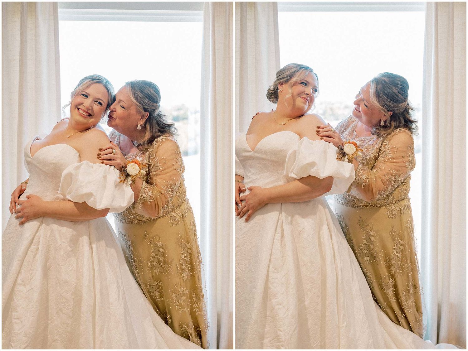 A series of emotional wedding photos showing tender moments between two people in an elegantly lit indoor setting.