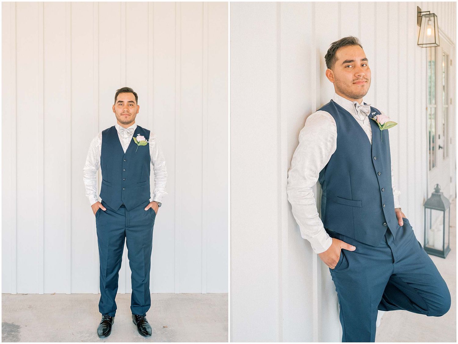 A series of formal portraits showing a man in a navy blue suit vest and white shirt against a light background.