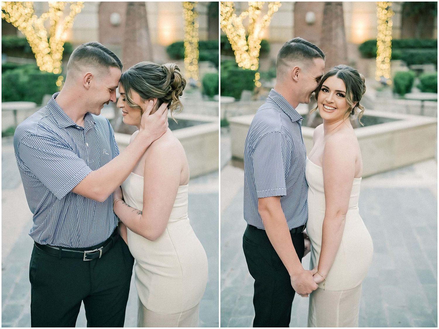 A romantic sequence of wedding photos showing a couple sharing tender moments on an outdoor staircase at sunset.