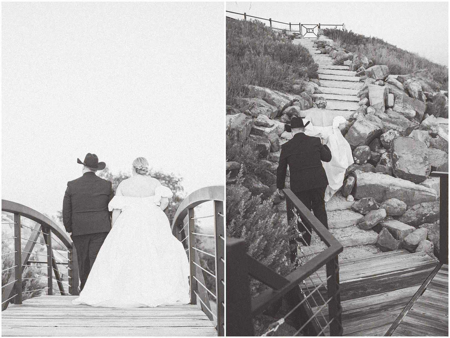 A series of black and white wedding photos showing a couple walking along rocky coastal paths and steps.