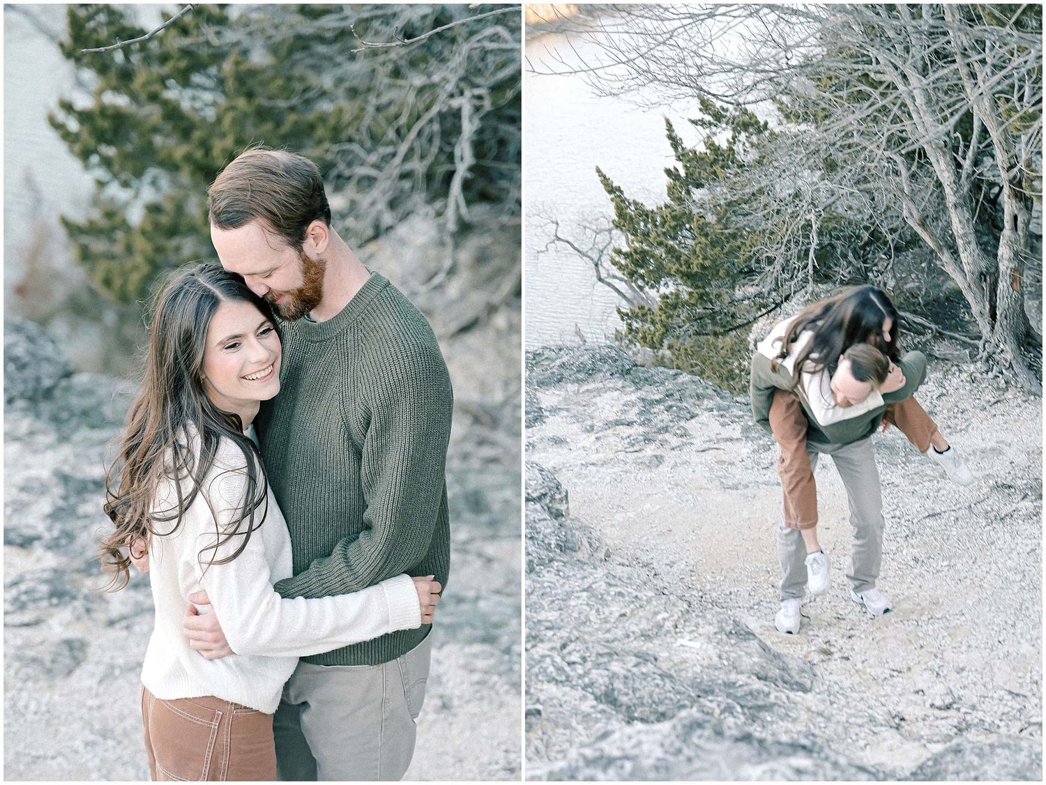 A couple embraces outdoors during a winter photoshoot among bare trees and evergreens.