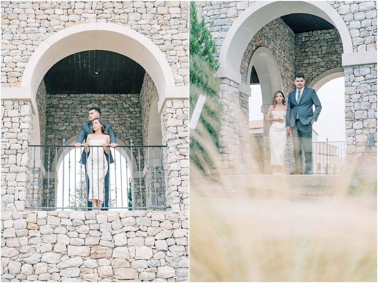 Rustic stone archways frame a romantic photo session at an elegant outdoor location.