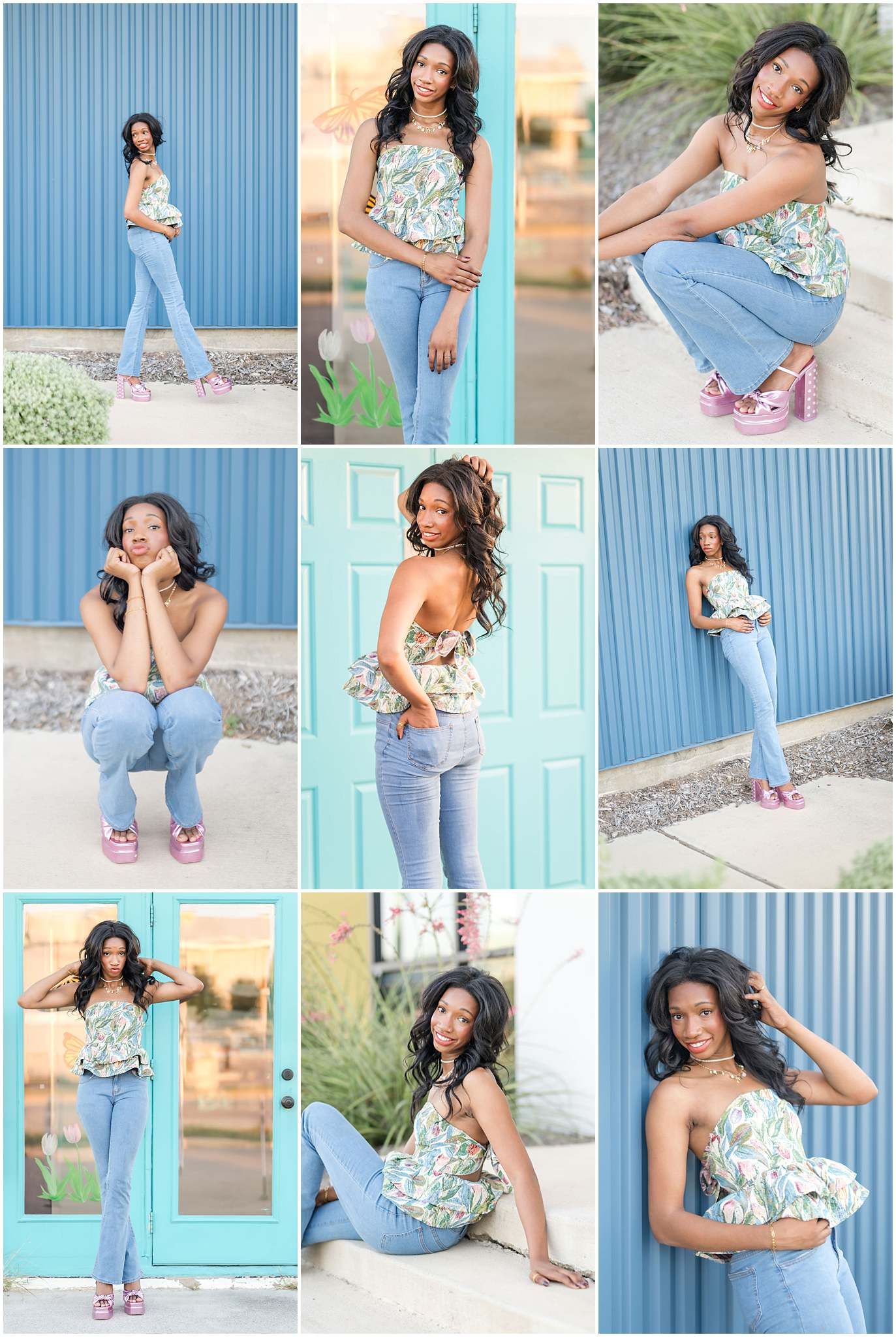 Collage of a young woman in floral top and light jeans posing against a teal blue wall and door.