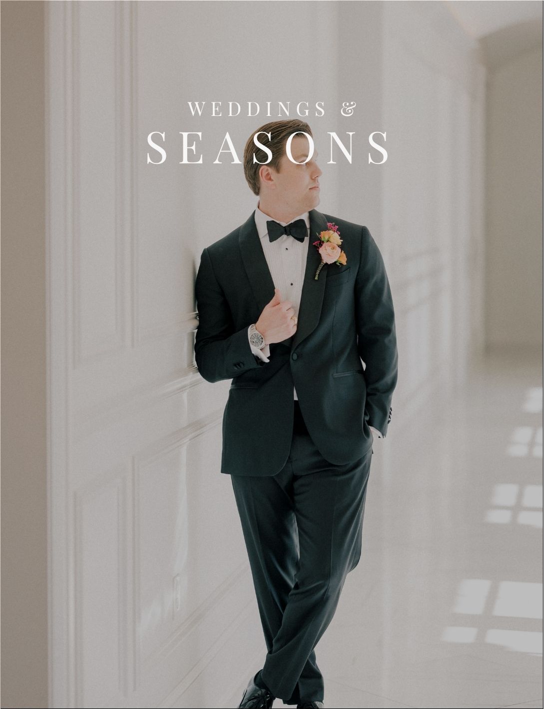 A groom in a dark tuxedo leans against a wall for Weddings and Seasons magazine cover.