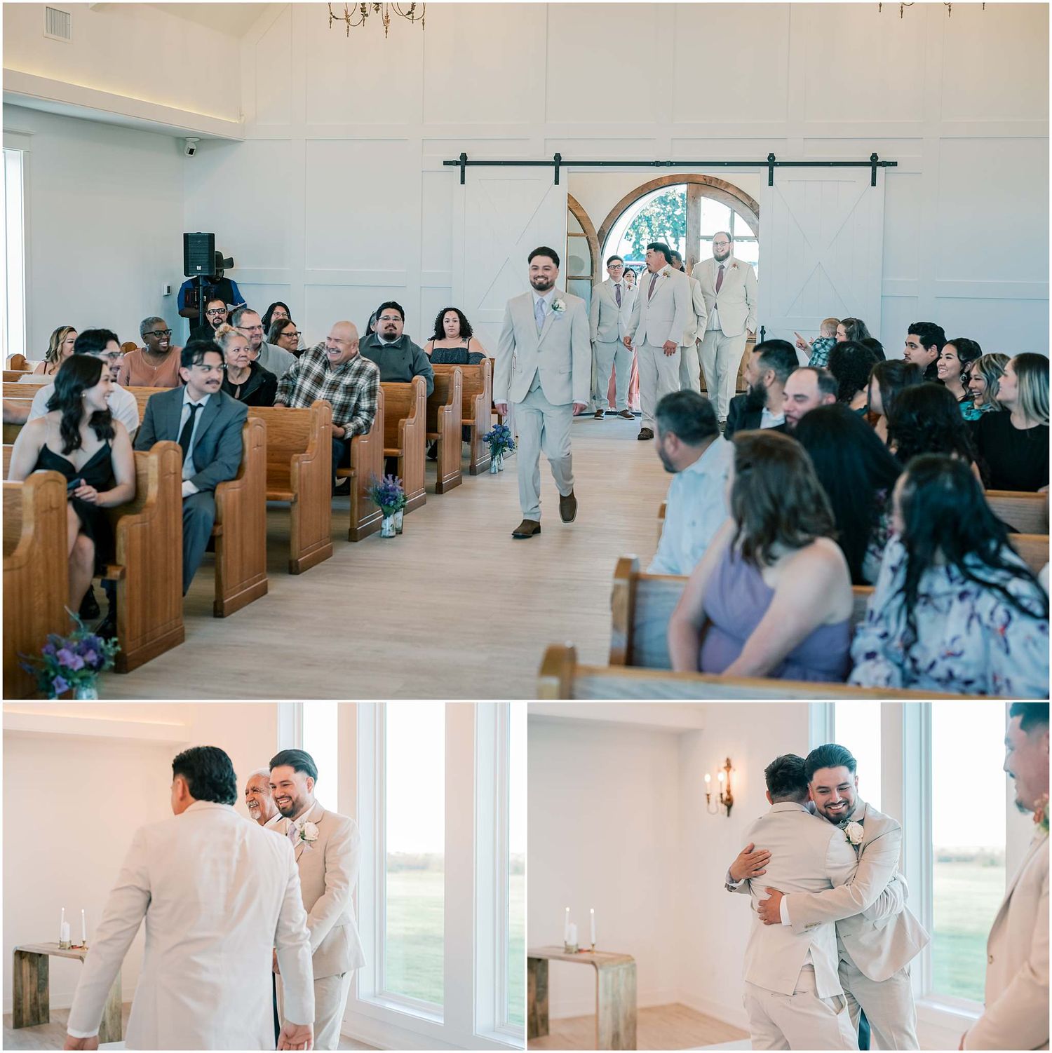 Wedding ceremony in a bright white chapel with guests seated in wooden pews.