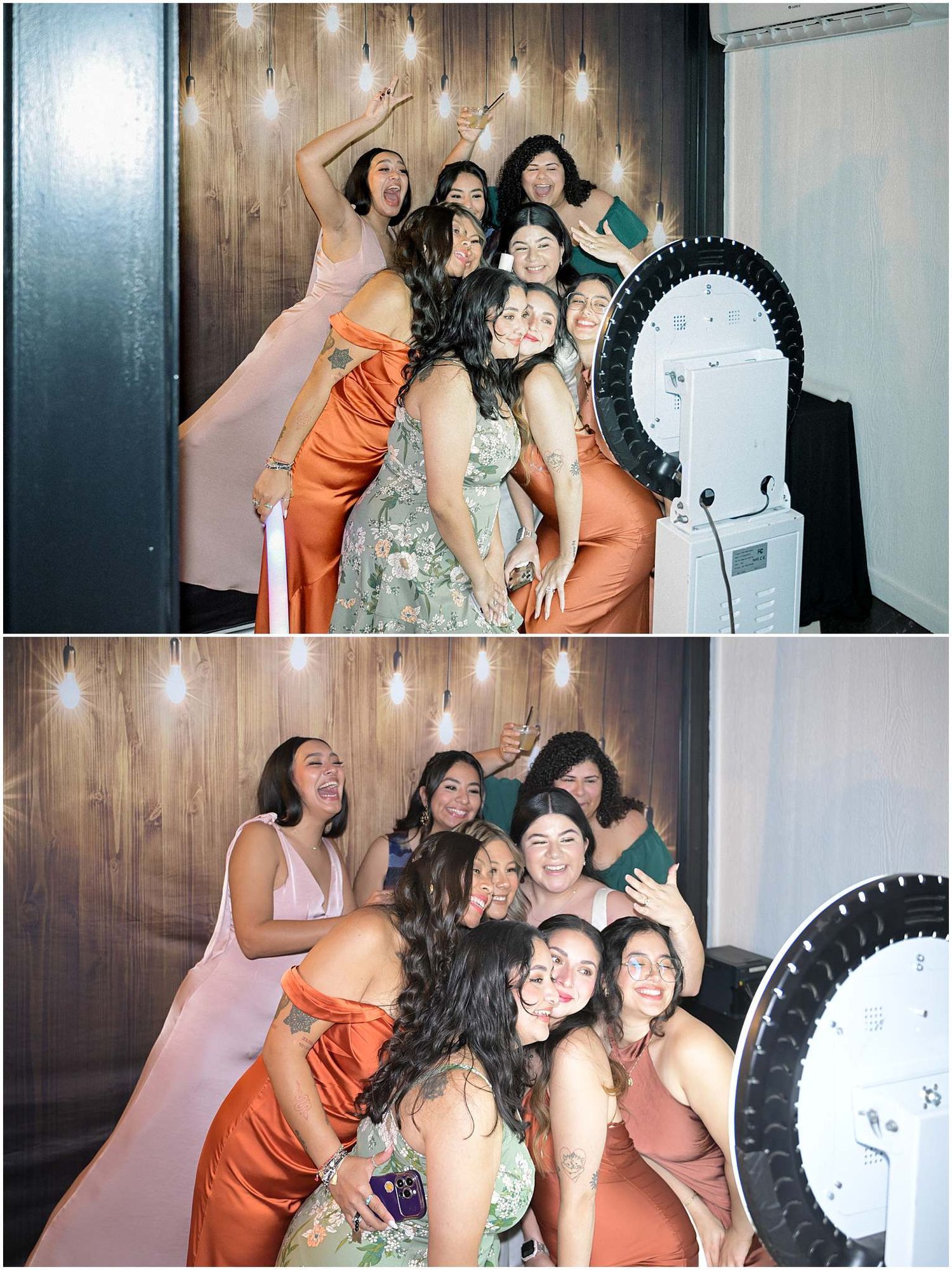 Group of friends in orange and green dresses posing together at a celebration event.