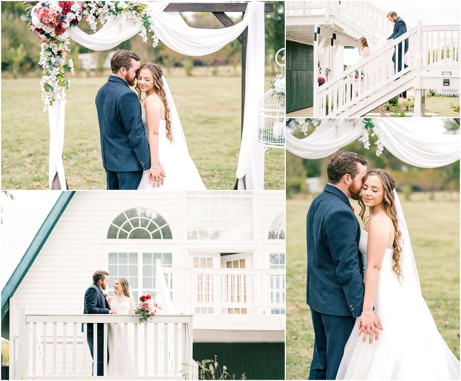 Wedding celebration captured in romantic outdoor venue with white floral arch.