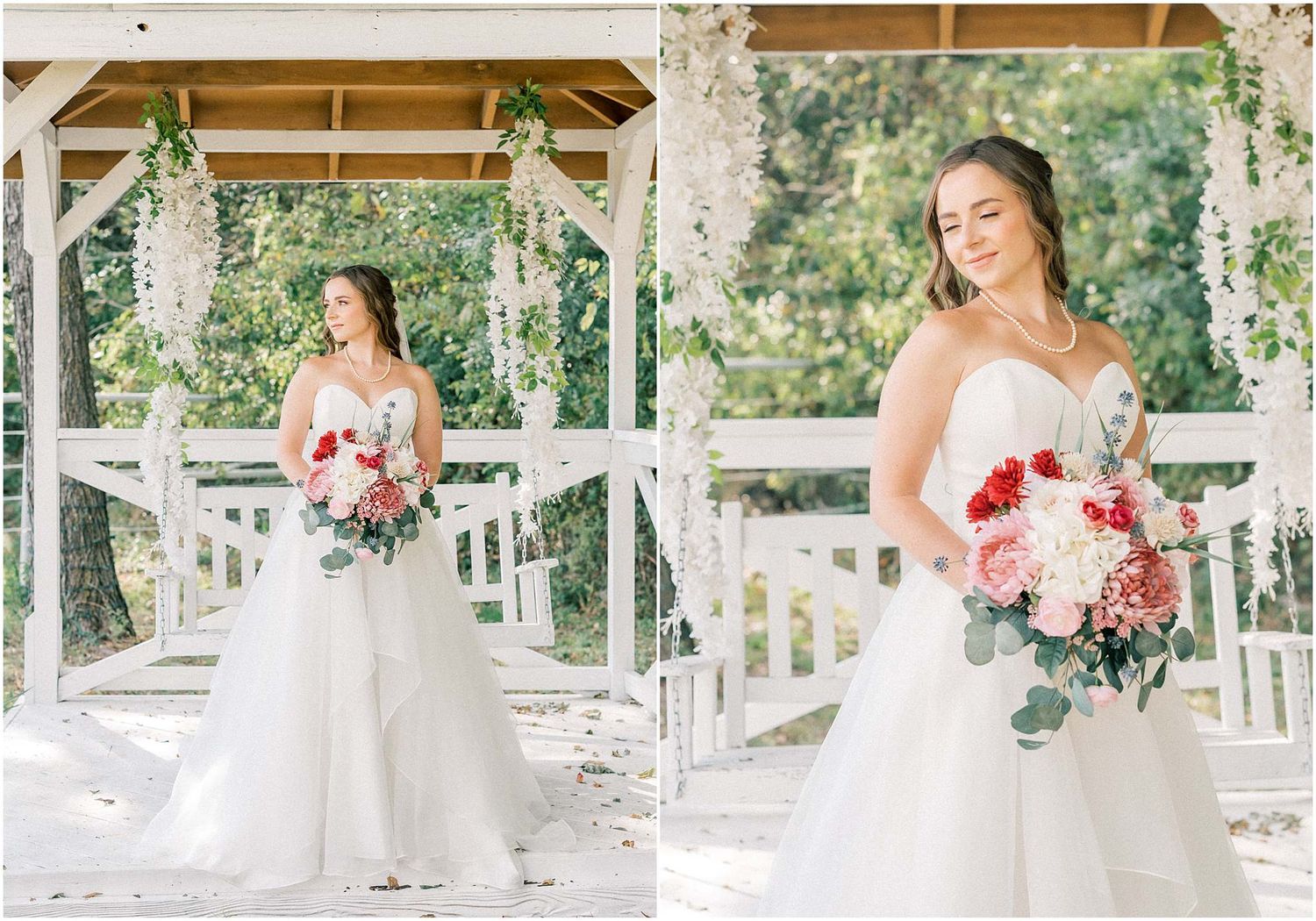 Series of romantic bridal portraits with pink floral bouquets in an outdoor garden setting.