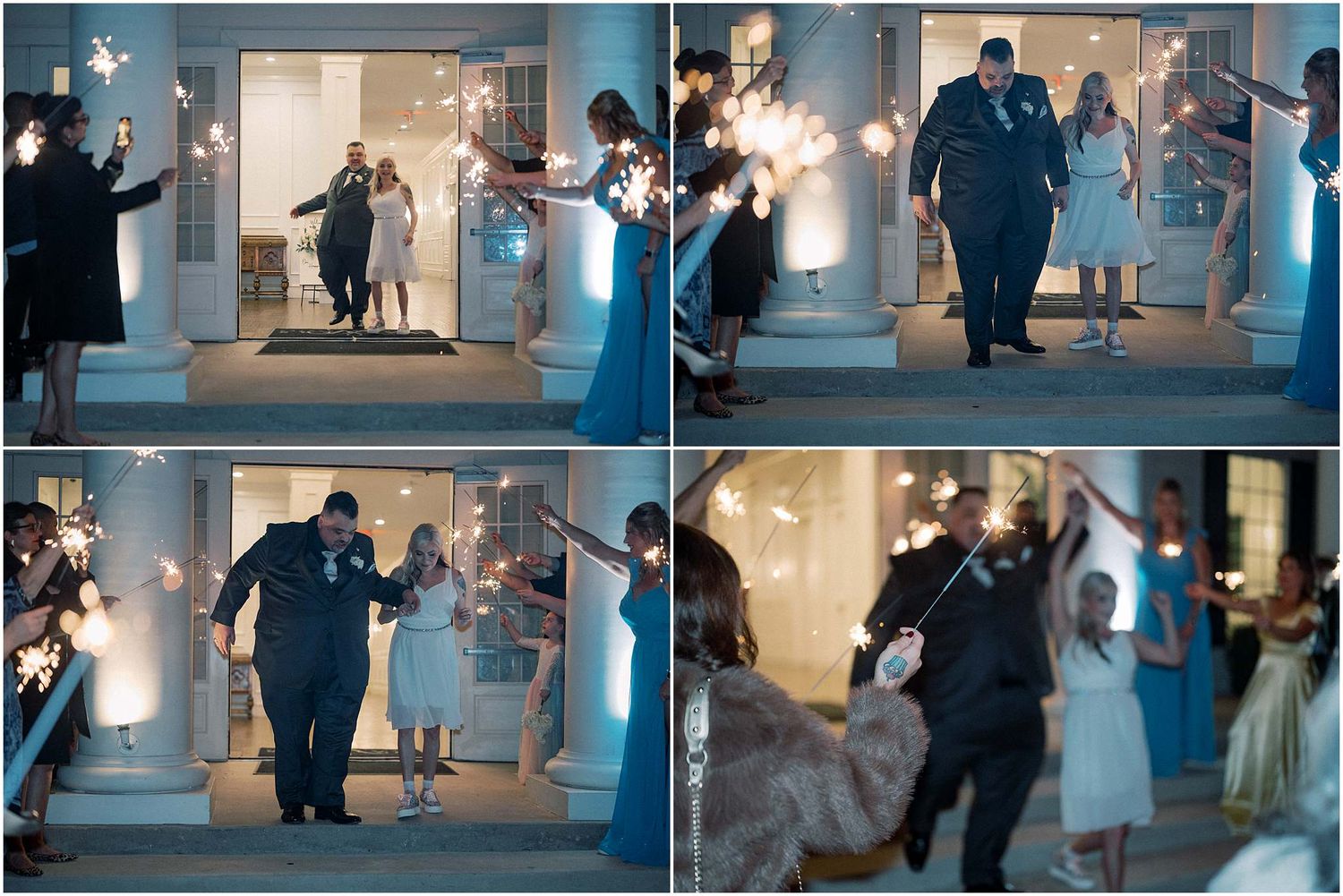 Wedding party dancing and celebrating on a dance floor with dramatic blue lighting and special effects.