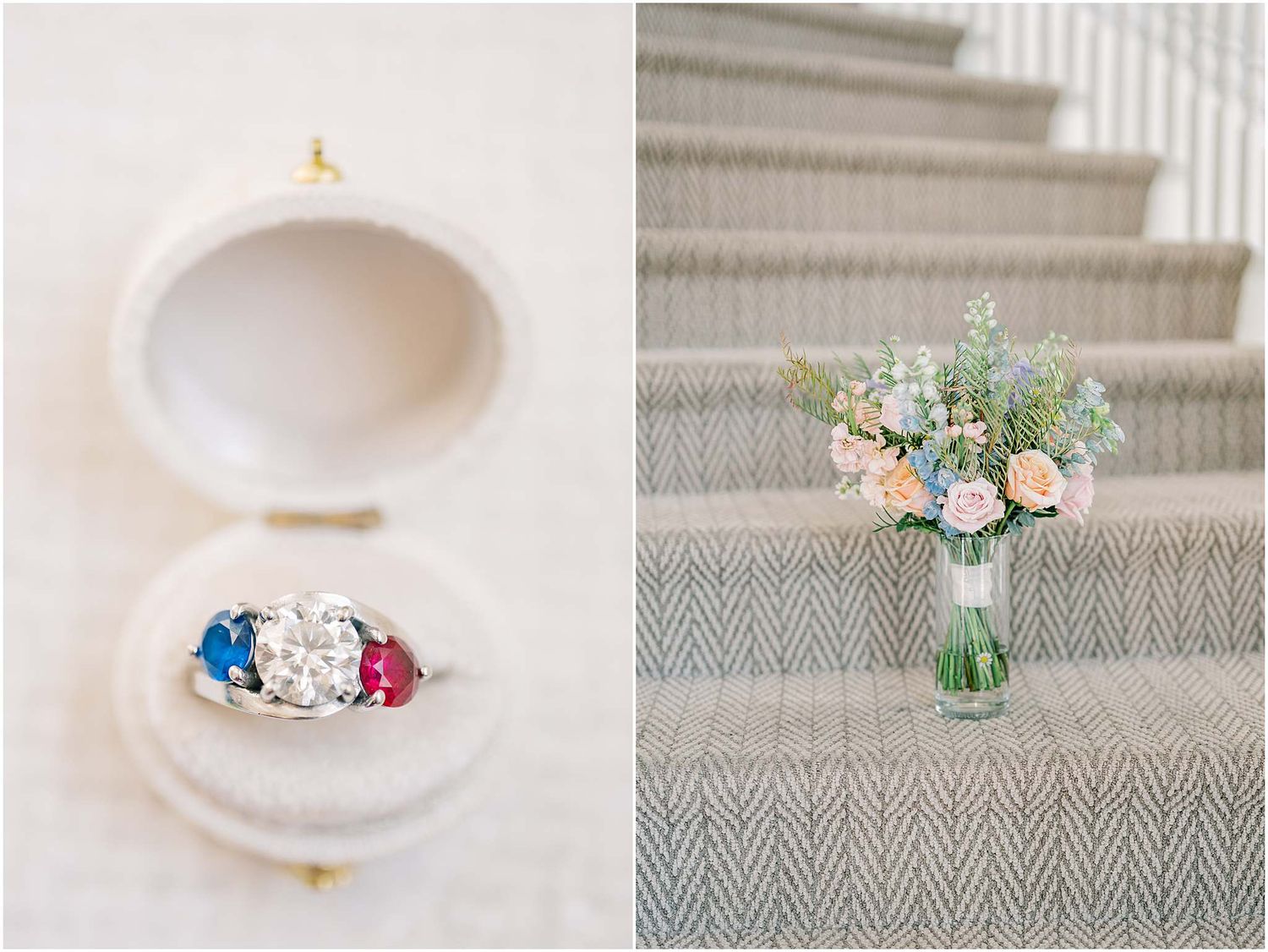 Wedding detail shots featuring delicate rings and jewelry on textured gray surfaces.