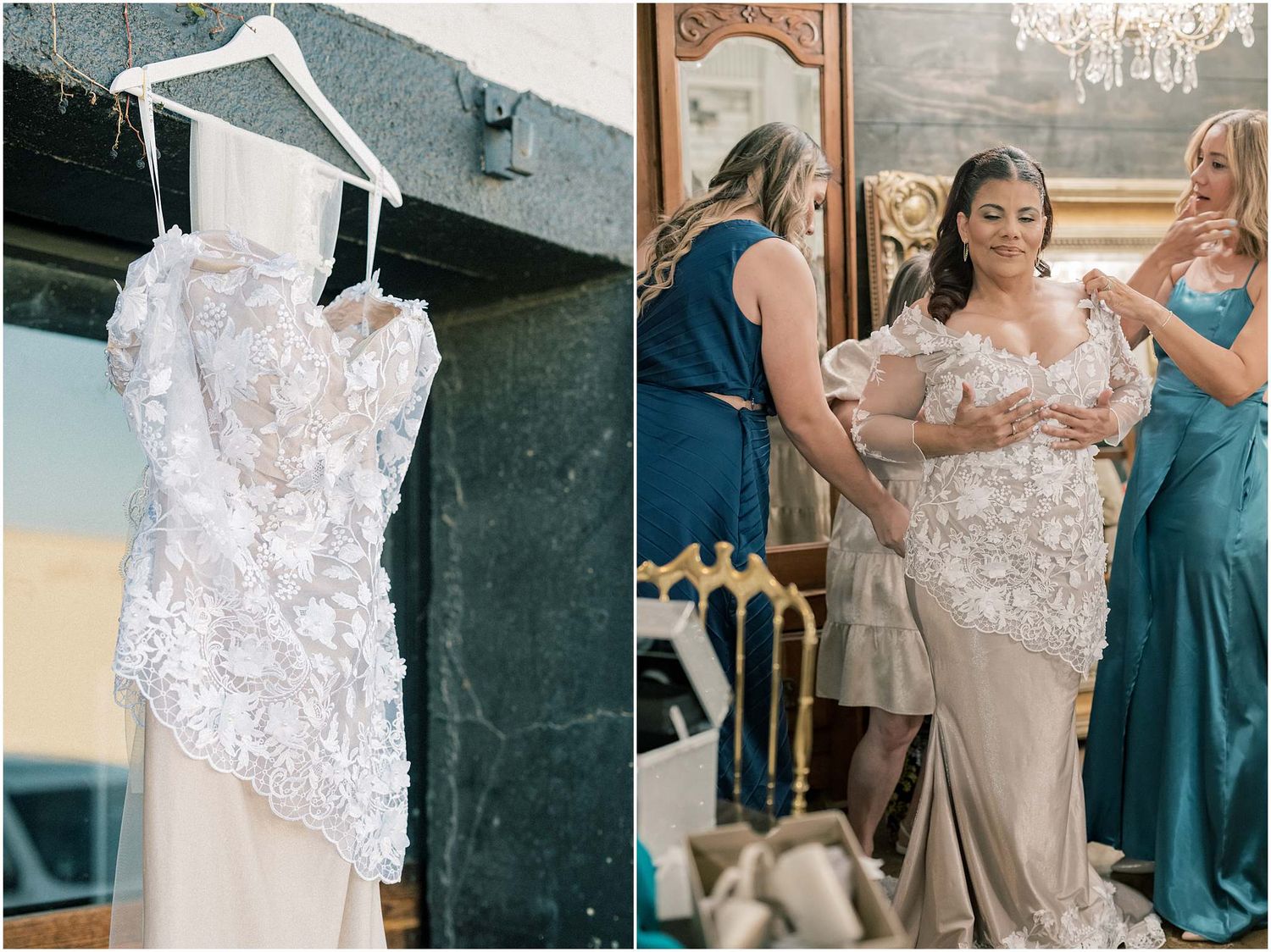 White lace wedding gown on hanger and formal dressing scene with aqua colored dresses.