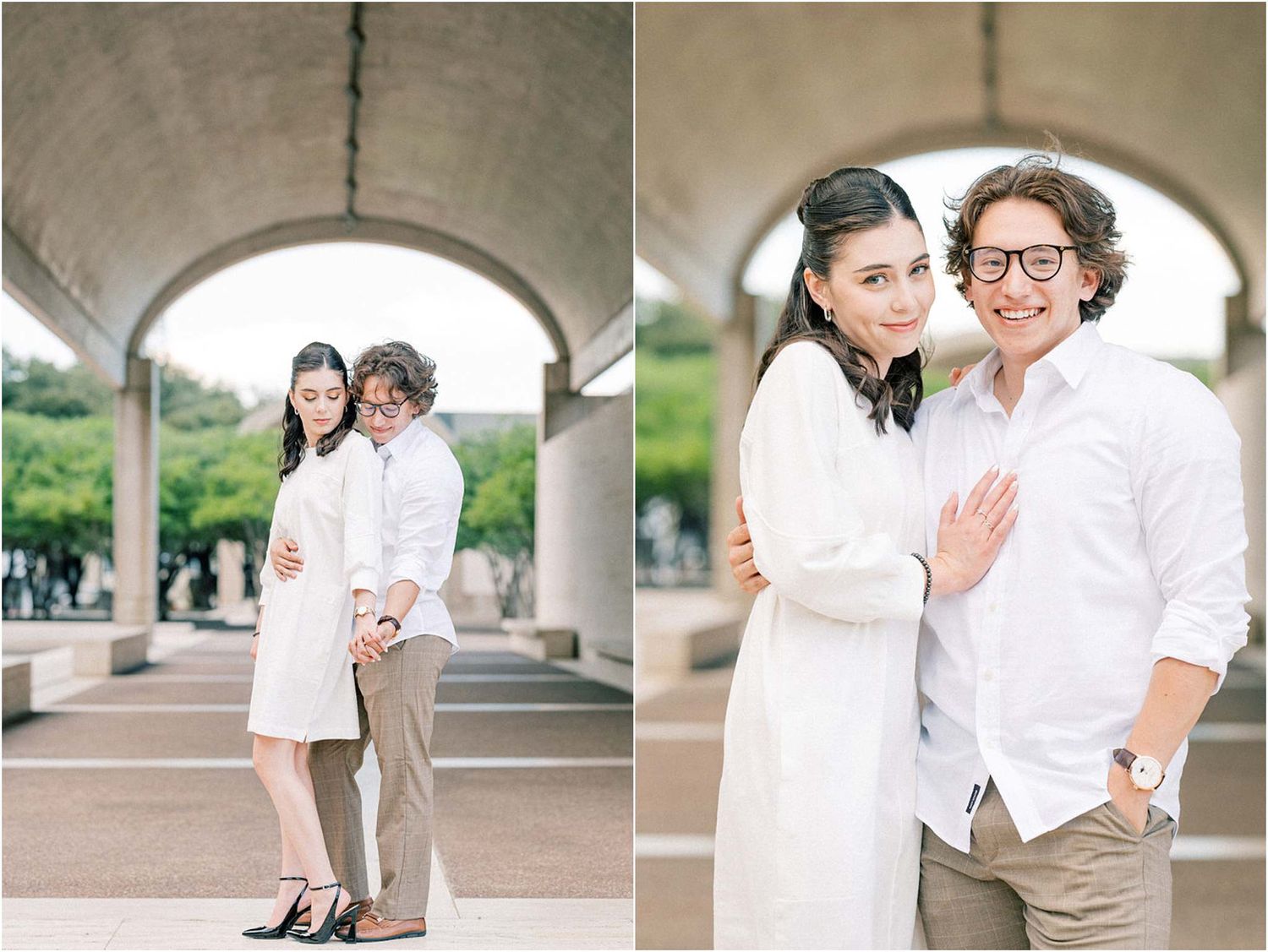 Artistic engagement photoshoot featuring a couple in coordinated white outfits under concrete columns.