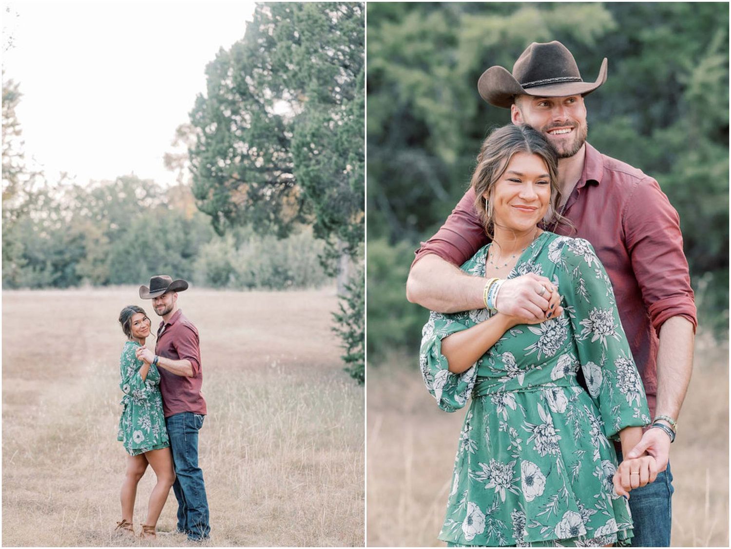 Candid moments of a couple dancing together in a rustic outdoor setting.