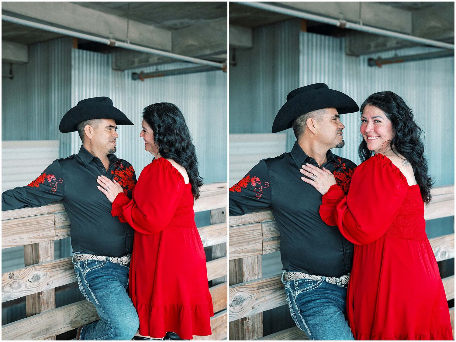 Couple shares intimate moments against industrial backdrop with dramatic lighting.
