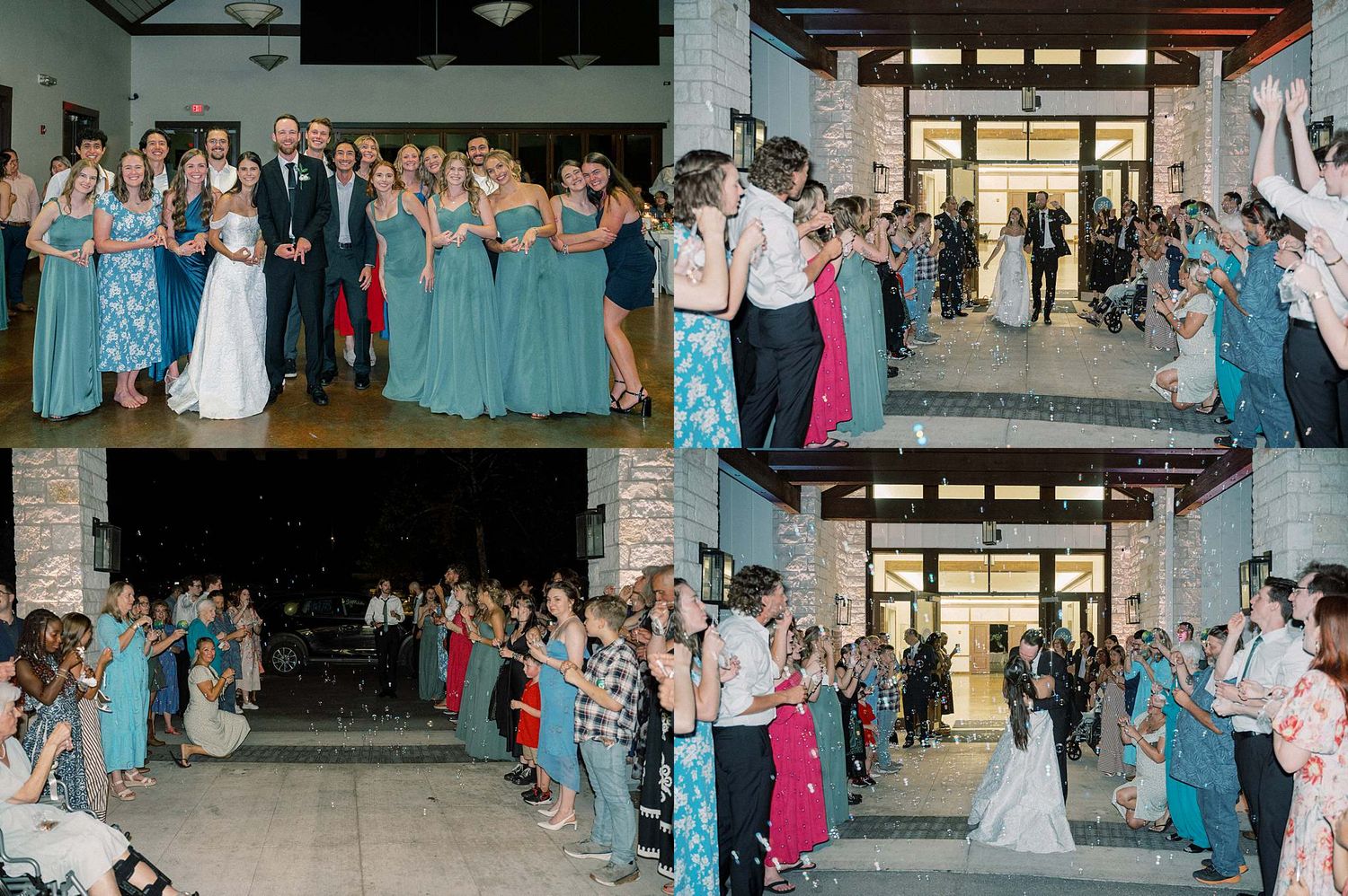 Wedding party and guests lined up in turquoise dresses for a grand exit celebration.