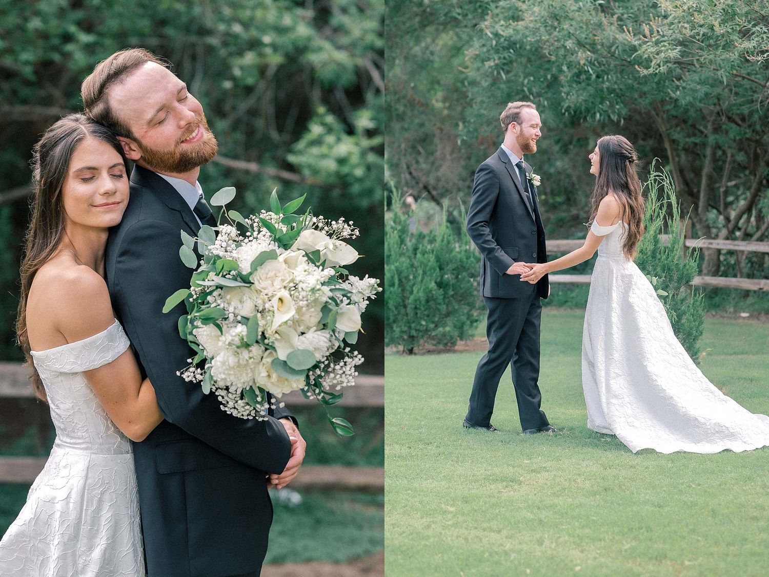 Wedding portraits showing couple with white floral bouquet in garden setting.