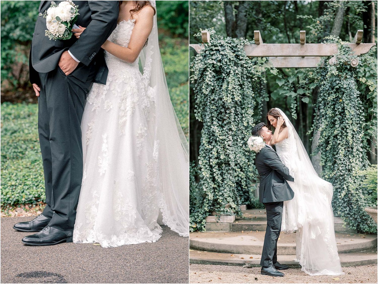 Wedding dress details and intimate moments captured in a garden setting.