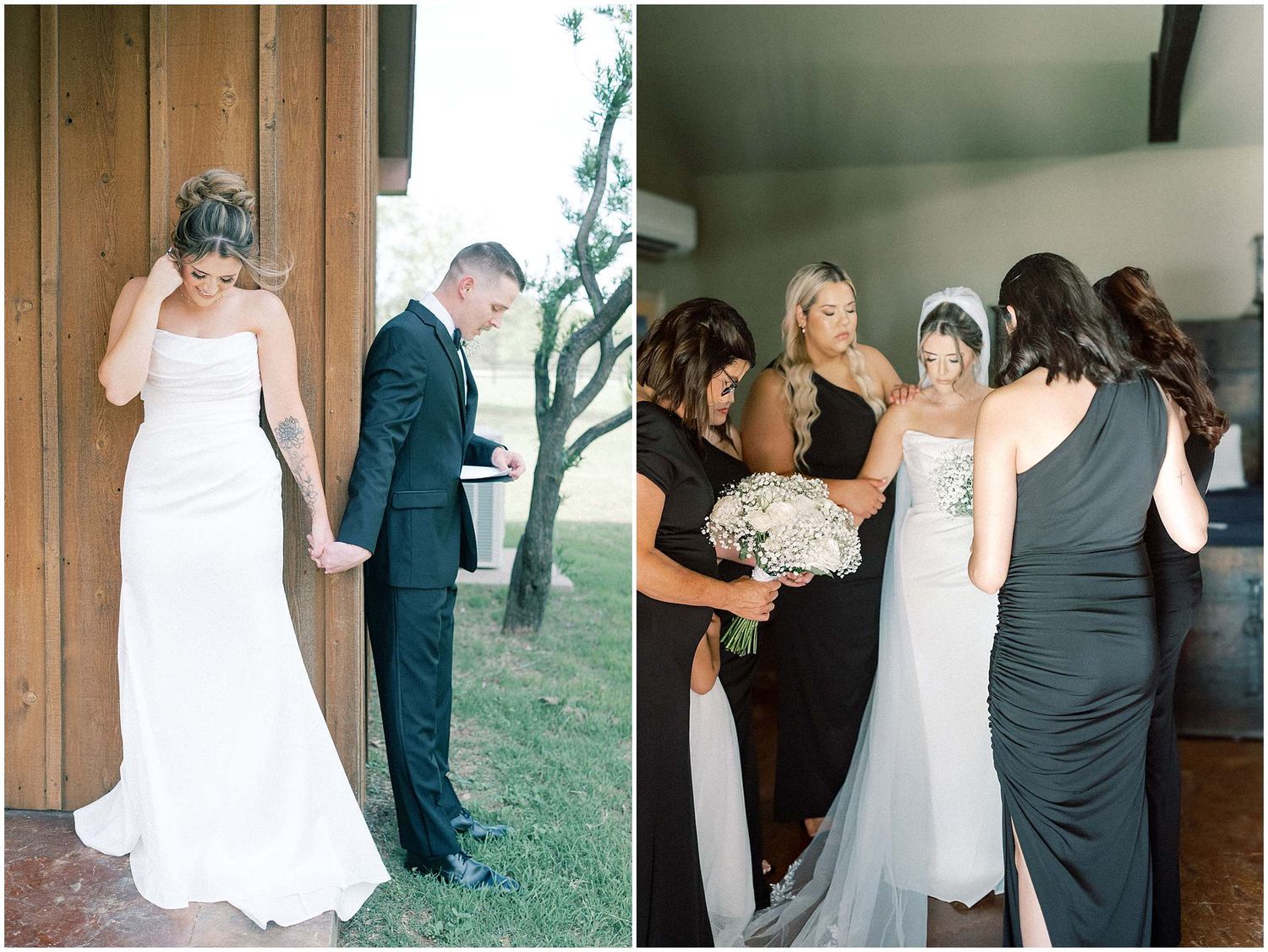 Wedding preparations show attendants in elegant black dresses helping with final touches.